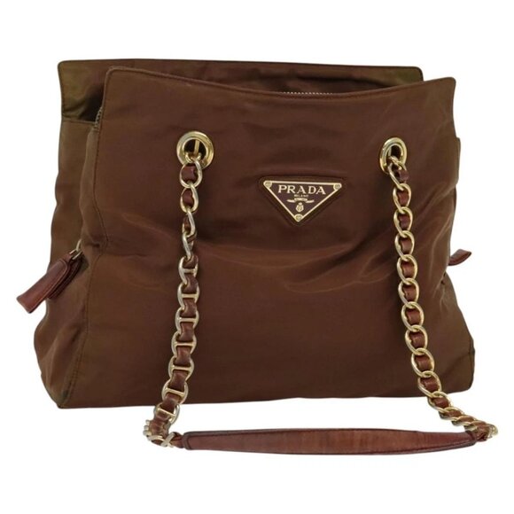 PRADA Chain Tote Bag Nylon Gold Brown Auth - Picture 1 of 16